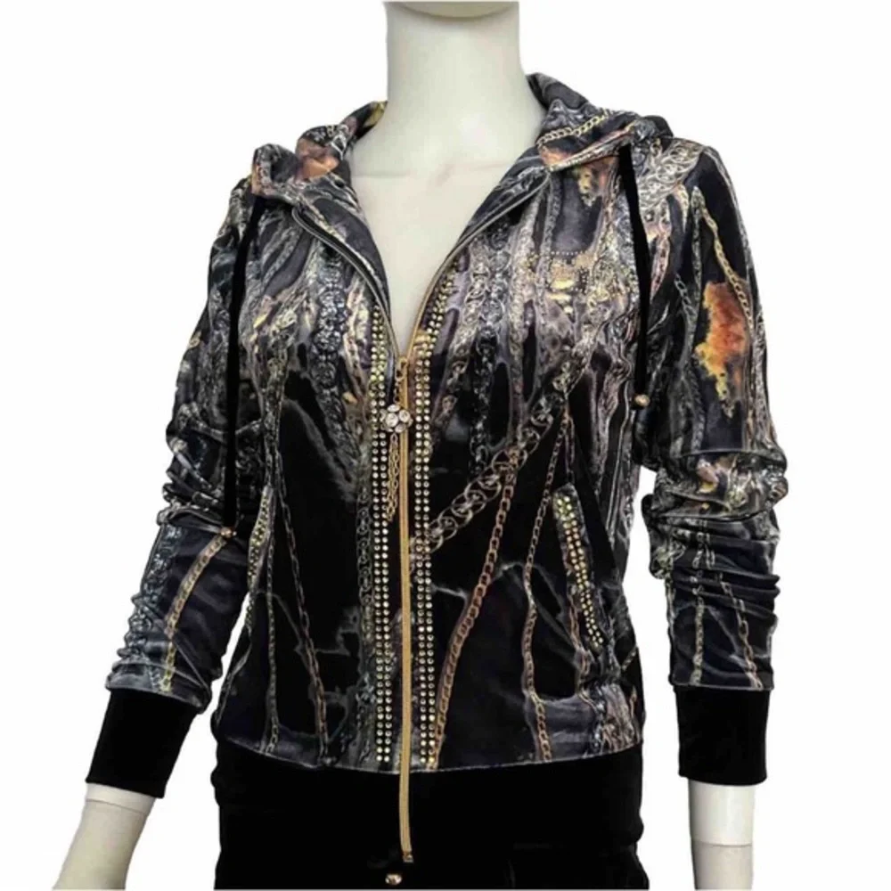 NWT WOMEN VELOUR TRACKSUIT 2 PC SET JACKET/BLACK‎ PANTS HOODED ZIPPED LOUNGEWEAR
